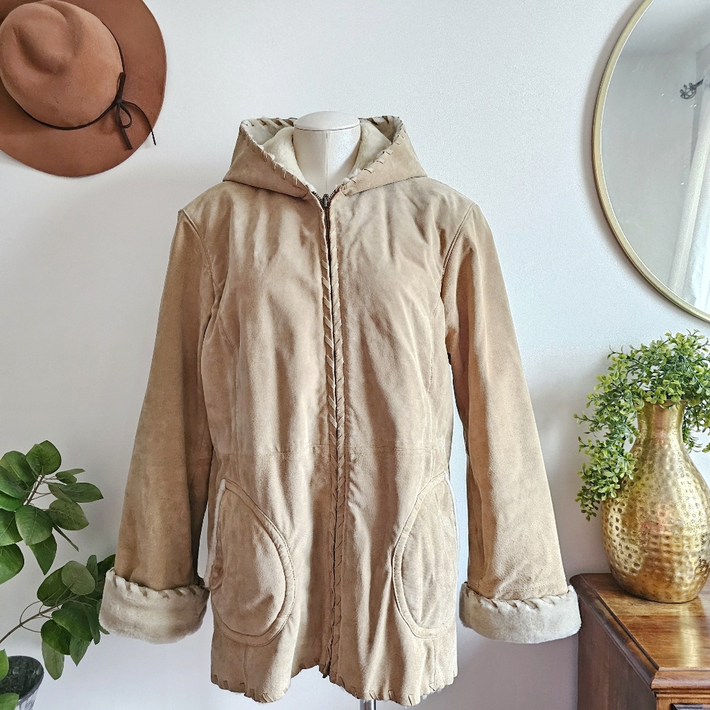 Wilsons Leather Women’s Beige Genuine LeatherSuede Jacket Fur Lining Hooded Sz L